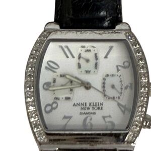 Anne Klein Silver Watch with Black Leather Band